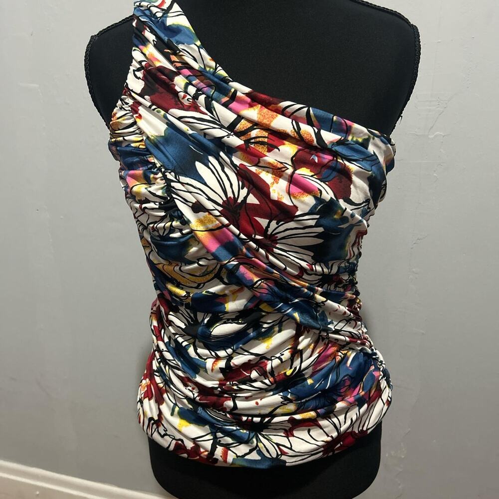 Sugar & Spice Floral Multi Color One Shoulder Ruched Party Casual Blouse Top M